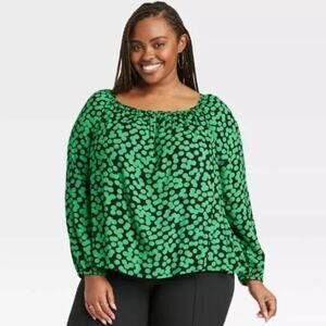 Ava & Viv Blouse Top Plus 1X Balloon Long Sleeve Polka Dot Tie Back Green‎ Black